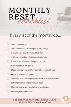 monthly reset routine checklist Monthly Planning Ideas, Midyear Reset, Routines Monthly, Monday Reset, Monthly Routine, Days To Plan Every Month, April Reset, November Reset, Evening Reset Routine