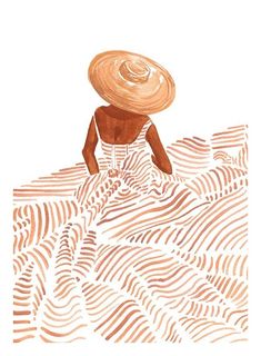 a drawing of a woman in a dress and hat sitting on the ground with waves