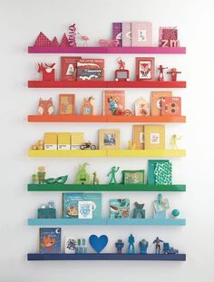 colorful shelves with books and toys on them