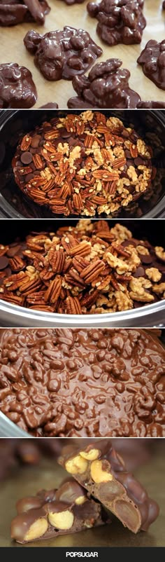 chocolate covered pretzels and pecans are on display in different stages of being made