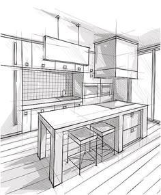 a drawing of a kitchen with an island