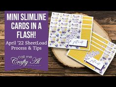 the mini slimline cards in a flash are displayed on a wooden table with purple and yellow flowers