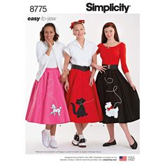 PRICES MAY VARY. Includes sewing templates, sizing guidelines, and easy to follow instructions to create (3) different poodle skirts. These DIY poodle skirts can be sewn to fit women's sizes 14, 16, 18, 20, and 22. Rock around the clock with this adorable Simplicity poodle skirt sewing pattern! Customize your DIY poodle skirt with dog and cat appliques and your choice of colorful fabrics and fun prints! Simplicity 8775 poodle skirt sewing pattern is proudly made in the USA with instructions avai Poodle Skirt Pattern, Poodle Skirt 50s, Rockabilly Costume, 1950s Poodle Skirt, Poodle Skirt Costume, Poodle Skirts, Pola Rok, 50s Costume, 1950s Sewing Patterns