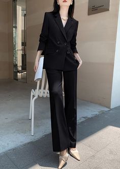 office lady pantsuit Double Breasted Suit Women, Pockets Pants, Pants Suit, Black Suit, Breasted Blazer, Wide Pants, Double Breasted Blazer, Black Suits, Double Breasted Suit