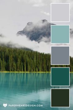 Photo of lake, forest, and foggy mountains, with overlay of color palette in shades of green, gray, and teal, by Paper Heart Design. Hiking Color Palette, Color Palette Mountain, Moody Scenery, Color Interior Design, Color Thesaurus, Tutoring Center, Interior Palette, Foggy Landscape, Teal Color Palette