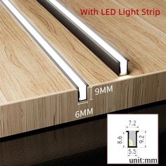 an image of a wooden table with led light strip on it and measurements for the width