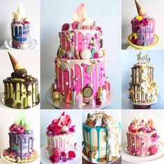 there are many different cakes decorated with ice cream and candy toppings on each cake