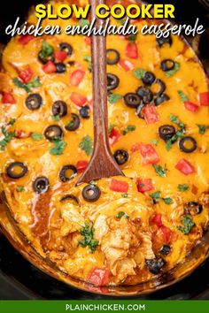 slow cooker chicken enchilada casserole with text overlay