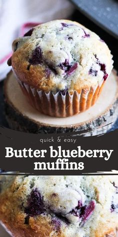 two blueberry muffins stacked on top of each other with text overlay