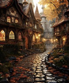 an image of a fantasy village with cobblestone roads and lights on the buildings