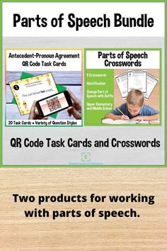 the parts of speech bundle includes two task cards and worksheets