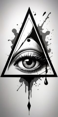 an all seeing eye with paint splatters on it's face and the triangle is