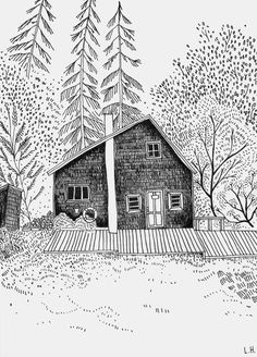 a black and white drawing of a cabin in the woods