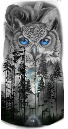 an owl with blue eyes is in the middle of some trees and flowers on it