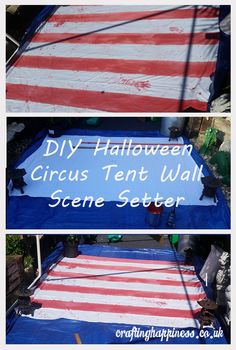 an american flag painted on top of a blue tarp with the words diy halloween circus tent wall scene setter