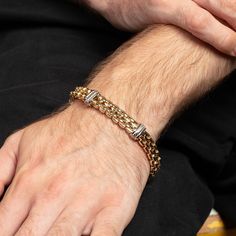 Our signature Venetian style becomes bolder with this new men's bracelet. The double-row box link is accented with twisted bars in a striking two-tone color scheme. Whether at a black-tie event or a casual day out, this bracelet showcases your impeccable taste in timeless luxury. Make this a treasured piece in your collection for years to come. Made in ItalyMetal: 14K Yellow & White GoldLength: 8.5"Width: 12.25 mmClosure: Lobster Clasp Gold Bracelets For Men Unique, Mens Gold Bracelets, Men Bracelet, Timeless Luxury, Gold Bracelets, Men's Bracelet, Black Tie Event, Mens Gold, Men's Collection