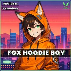 the fox hoodie boy is in front of a cityscape