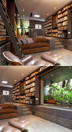 two pictures of a living room with couches, bookshelves and plants in it