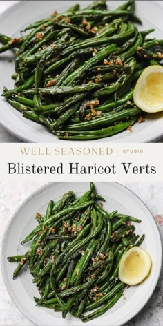 Blistered Haricots Verts served on a white palte Green Beans Pancetta, Asparagus Beans Recipes, Roasted French Green Beans, French Beans Salad, French Onion Green Beans, Blistered Green Beans With Garlic, Pancetta Green Beans, Healthy Green Bean Recipes Clean Eating, Thanksgiving String Beans