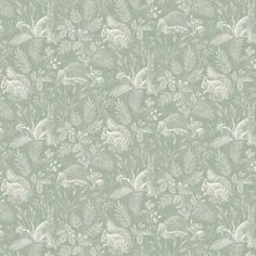 a green and white floral wallpaper with animals