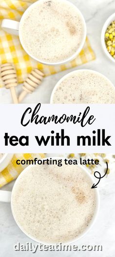 two cups of chamomile tea with milk and corn on the side text overlay