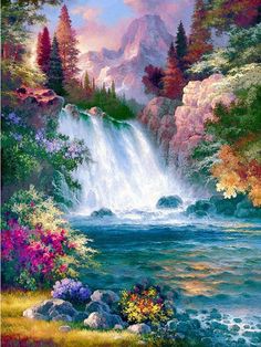 a painting of a waterfall in the woods