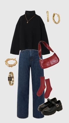 Red socks, Mary Jane shoes, black sweater, red shoulder bag Maroon Christmas Outfit, Winter Outfits With Mary Jane’s, Outfits With Black Mary Janes, Styling Mary Janes With Jeans, Mary Jane’s Outfit, Black Mary Jane Shoes Outfit, Black Mary Janes Outfit, Sawako Style, Mary Jane Flats Outfit