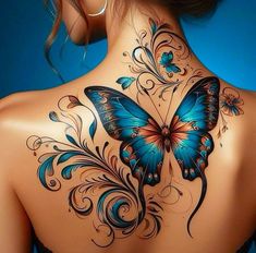 the back of a woman's neck is decorated with blue butterflies and swirls