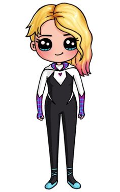 a cartoon character with blonde hair and blue eyes wearing black pants, white shirt and purple socks