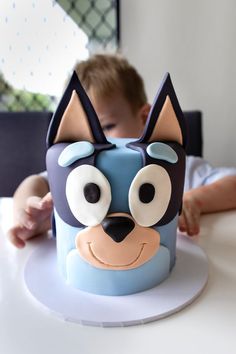 a child is looking at a cake with a cat face on it