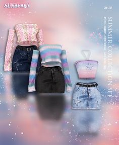 three different types of clothes on display in front of a blue and pink background with stars