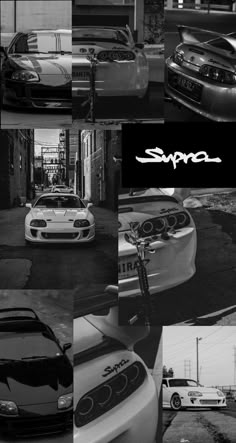 black and white photograph of cars parked in front of a building with the word supra on it