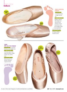 the different types of ballet shoes are shown in this page, with information about how to wear them