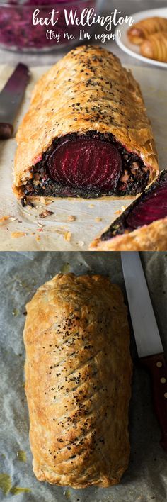 beet wellington is cut in half and ready to be eaten