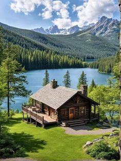 a log cabin sits on the shore of a lake surrounded by mountains and pine trees