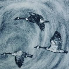 three geese are flying through the air in this artistic drawing with black and white ink