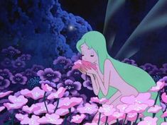 a cartoon character kneeling in the middle of flowers with her hands on her face and mouth