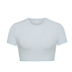 A Form-Fitting Crew Neck With Buttery Soft Feel, This Is A Flattering Crop T-Shirt Option To Wear Alone Or Styled With Other Pieces. High Neck Crewline, Super Cropped, Slim Fit, Short Sleeves 76% Polyamide / 24% Elastane Machine Wash Cold, Non Chlorine Bleach, Cool Iron, Do Not Dry Clean Imported Basic Short Sleeve Workout Top, Medium Support Cropped Top For Spring, Medium Support Scoop Neck Athleisure Top, Blue Casual Tops With Medium Support, Casual Blue Tops With Medium Support, Blue Fitted Workout T-shirt, Short Sleeve Cropped T-shirt For Workout, Solid Color Cropped T-shirt For Workout, Basic Short Sleeve Crop Top For Workout