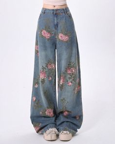 Blue floral denim pants with a beautiful rose print. The wide-leg silhouette and relaxed fit bring out a soft, cottagecore charm Size: • S: Waist: 70cm/ 27.6 in, Length: 105cm/ 41.3 in, Hips: 100cm/ 39.4 in• M: Waist: 74cm/ 29.1 in, Length: 107cm/ 42.1 in, Hips: 104cm/ 40.9 in• L: Waist: 78cm/ 30.7 in, Length: 109cm/ 42.9 in, Hips: 108cm/ 41.5 in• XL: Waist: 82cm/ 32.3 in, Length: 110cm/ 43.3 in, Hips: 112cm/ 44.1 inMaterial: Denim Fairy Core Jeans, Flower Clothing Aesthetic, Jeans With Flowers Embroidery, Floral Prints Outfit, Boho Jean Outfits, Flower Print Jeans, Casual Wide Leg Jeans With Floral Print, Ripped Jeans Patch Ideas, Casual Floral Print Straight Leg Jeans