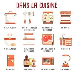 a poster with different types of food and cooking utensils in french on it