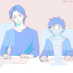 two people sitting at a table with laptops in front of them, one person has blue hair and the other is red