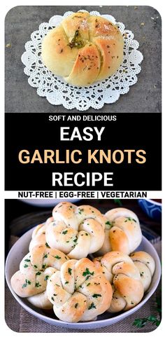 garlic knots in a bowl with text overlay