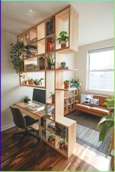 a home office with wooden shelves filled with plants