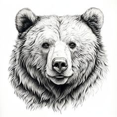 a black and white drawing of a bear's head