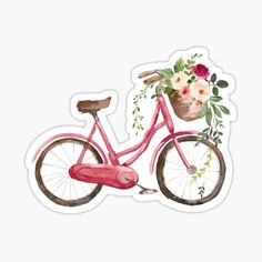 a pink bicycle with flowers on the front and back wheel is shown in this watercolor painting