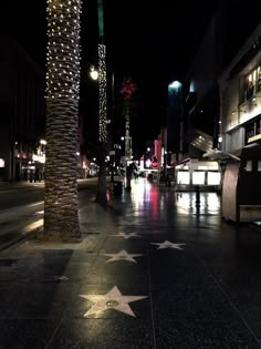 the hollywood walk of fame star is lit up at night with palm trees in the foreground