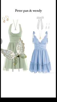 two dresses and accessories are shown in the same image, one is light blue and the other is pale green