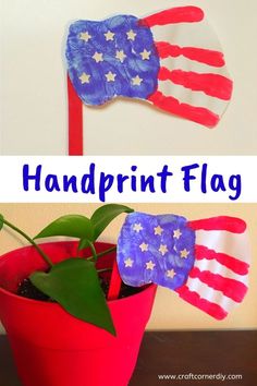 handprint flag made out of red, white and blue paper in a flower pot