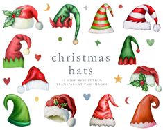 watercolor christmas hats with hearts and stars in the middle, on a white background