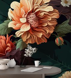 an artistic floral wallpaper design with orange and yellow flowers on a dark green background